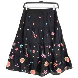 Bentley A. Black Cotton Embroidered Floral Tiered Midi Skirt Boho Cottagecore 4